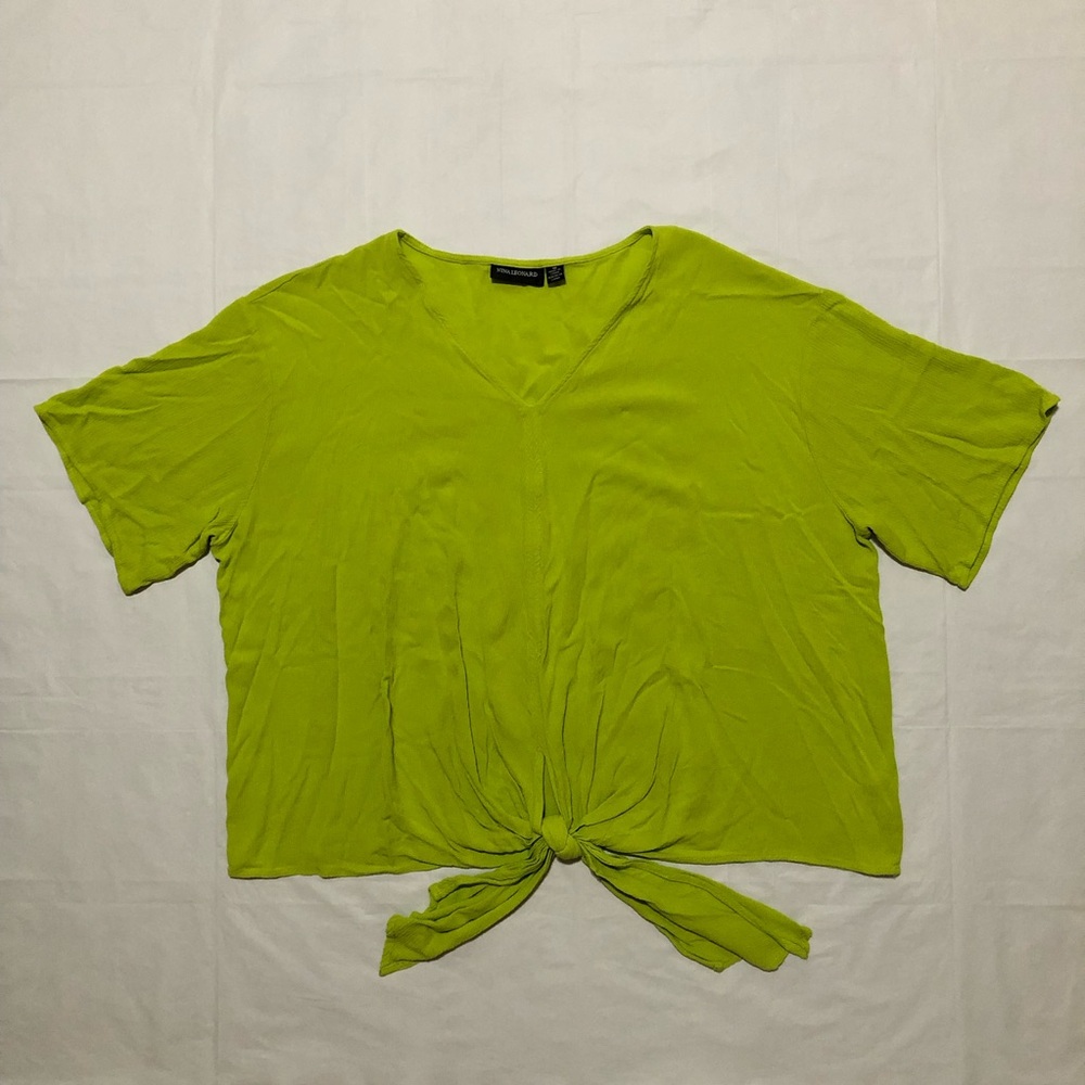 Nina Leonard Women’s Fluttery Sleeve Tie-Front Knot Crinkled Green Crop Top 1X